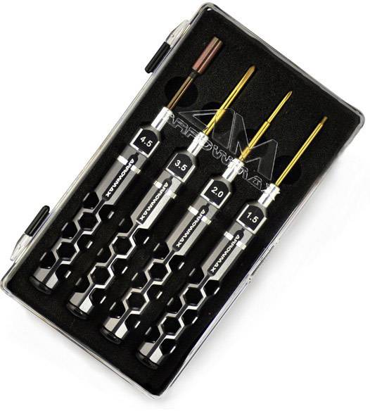 Ein Set von vier präzisen Schraubendrehern in einem Koffer, gekennzeichnet mit Größenangaben 1.5, 2.0, 3.5, und 4.5 für feine Arbeiten.