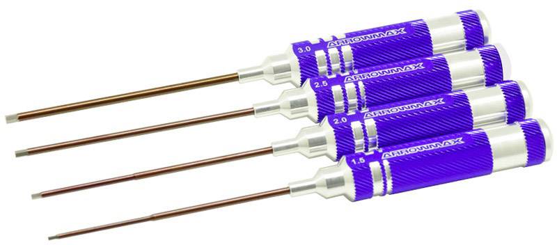 Vier Inbusschlüssel mit blauen Griffen und silbernen Details, in verschiedenen Größen angeordnet.