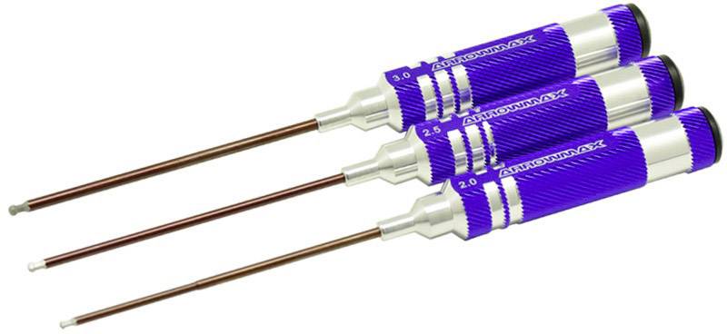 Drei blaue Präzisionsschraubendreher mit Metallgriffen in verschiedenen Größen, nebeneinander liegend.