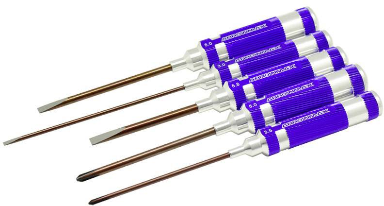 Fünf Schraubendreher mit blauen Griffen und verschiedenen Spitzen, nebeneinander liegend.