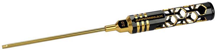 Ein goldener Schraubendreher mit schwarzem Griff und sechseckigem Muster, geeignet für Präzisionsarbeiten im Modellbau.