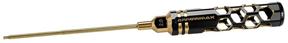 Ein sechskantiger Schraubendreher mit goldenem Schaft und schwarzem Griff, der mehrere Sechskantformen zur Gewichtseinsparung aufweist.