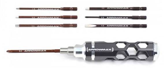 Ein multifunktionales Schraubendreher-Set mit einem ergonomischen Griff und sechs austauschbaren Einsätzen in verschiedenen Größen.