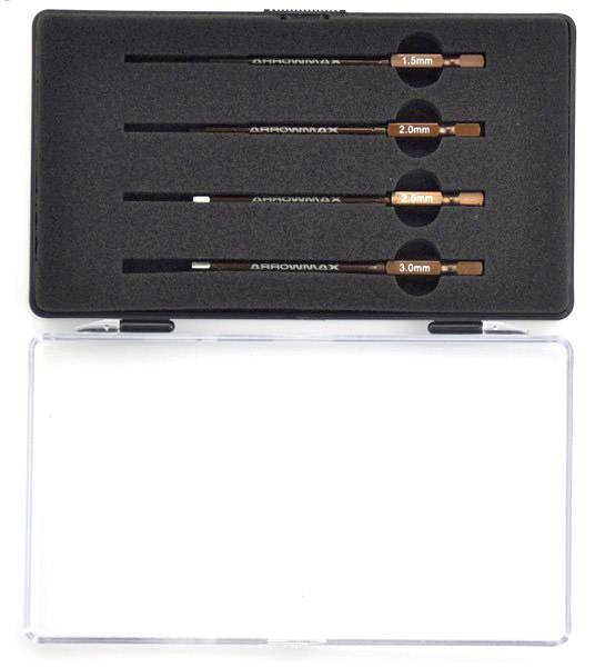 Ein Set aus vier Schraubendrehern in einem schwarzen Etui, beschriftet mit den Größen 1,5 mm, 2,0 mm, 2,5 mm und 3,0 mm.