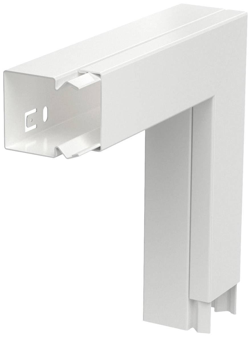 Ein weißes, rechtwinkliges Kunststoff-Kabelkanal-Eckstück. Es ermöglicht die Verlegung von Kabeln um Ecken in einem Raum.
