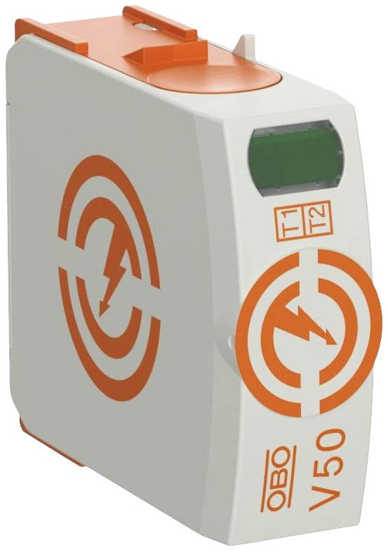 Ein Überspannungsschutzgerät mit orange-weißen Symbolen und der Aufschrift 'OBO V50' auf der Vorderseite.