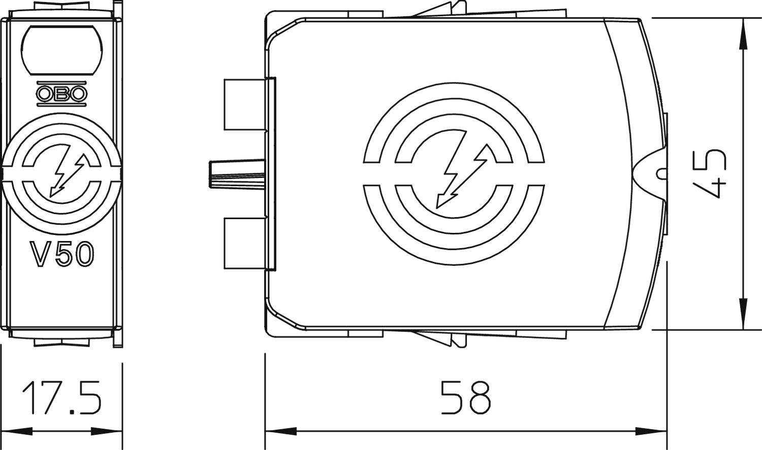 Technische Zeichnung eines Bauteils mit Maßen: 17,5 mm Breite, 58 mm Länge, 45 mm Höhe. Symbol eines Blitzes auf der Oberseite.