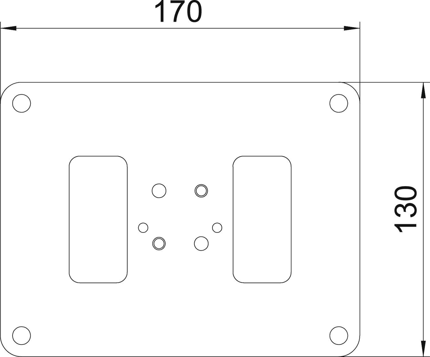 Zeichnung einer rechteckigen Halterungsplatte mit Abmessungen 170 x 130 mm, vier Eckbohrungen und zentralen Löchern für Befestigung.