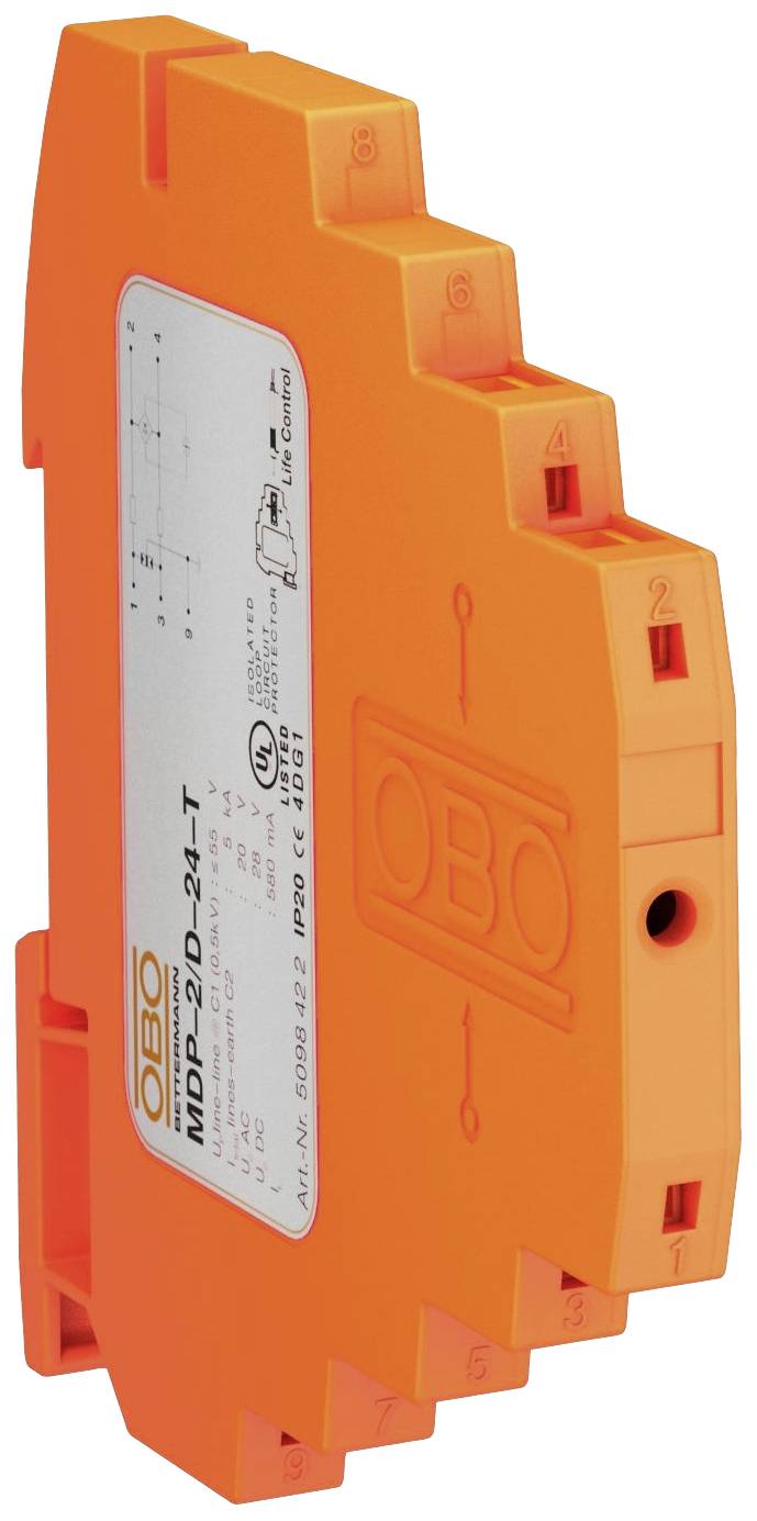 Oranges elektronisches Gerät mit rechteckiger Form, seitlicher Geräteaufschrift und Abzeichen, wahrscheinlich ein Sicherungsmodul.