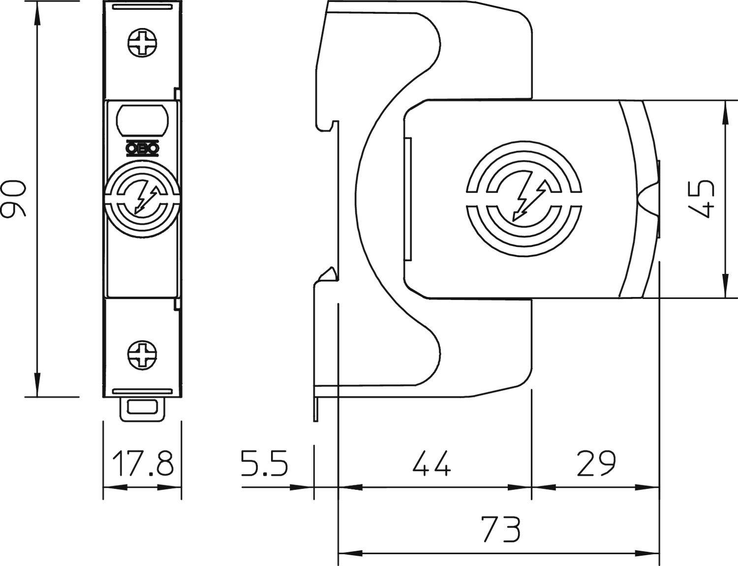 Technische Zeichnung eines Scharniers mit Maßen: 90 mm Höhe, 73 mm Breite, andere Maße 44 mm, 29 mm, 17,8 mm, und 5,5 mm.