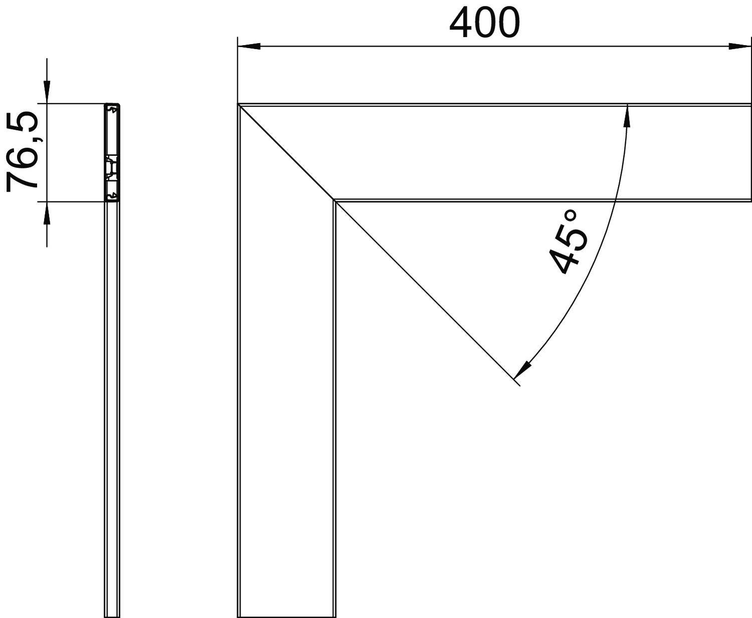 Diagramm zeigt eine L-Form mit 45° Winkel, Seitenlängen von 400 und 76,5 mm. Maßangaben verdeutlichen die Geometrie der Form.