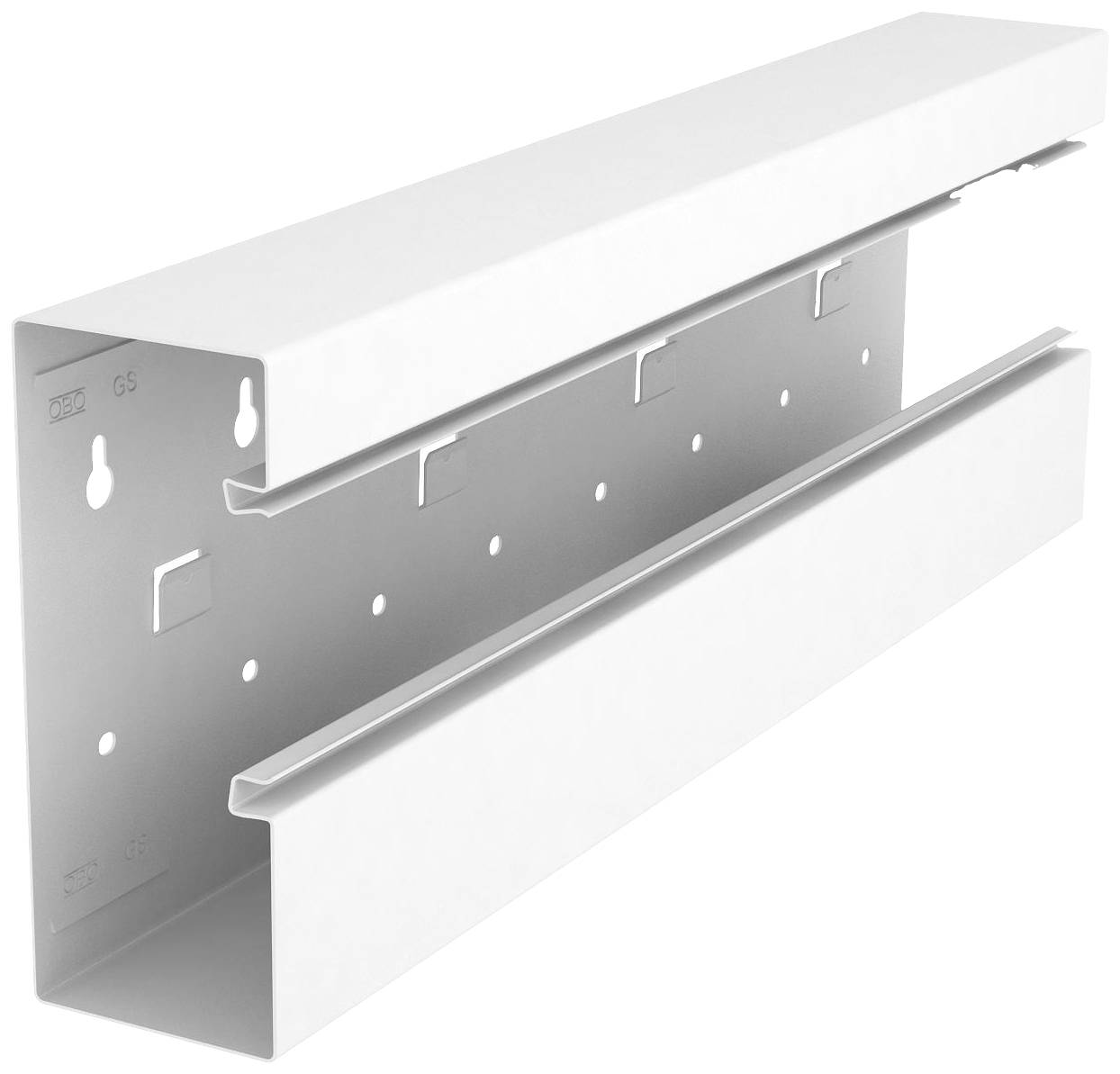 Weißes, längliches Metallteil mit Befestigungslöchern und einem abnehmbaren Abdeckungselement, vermutlich zur Montage an einer Wand.