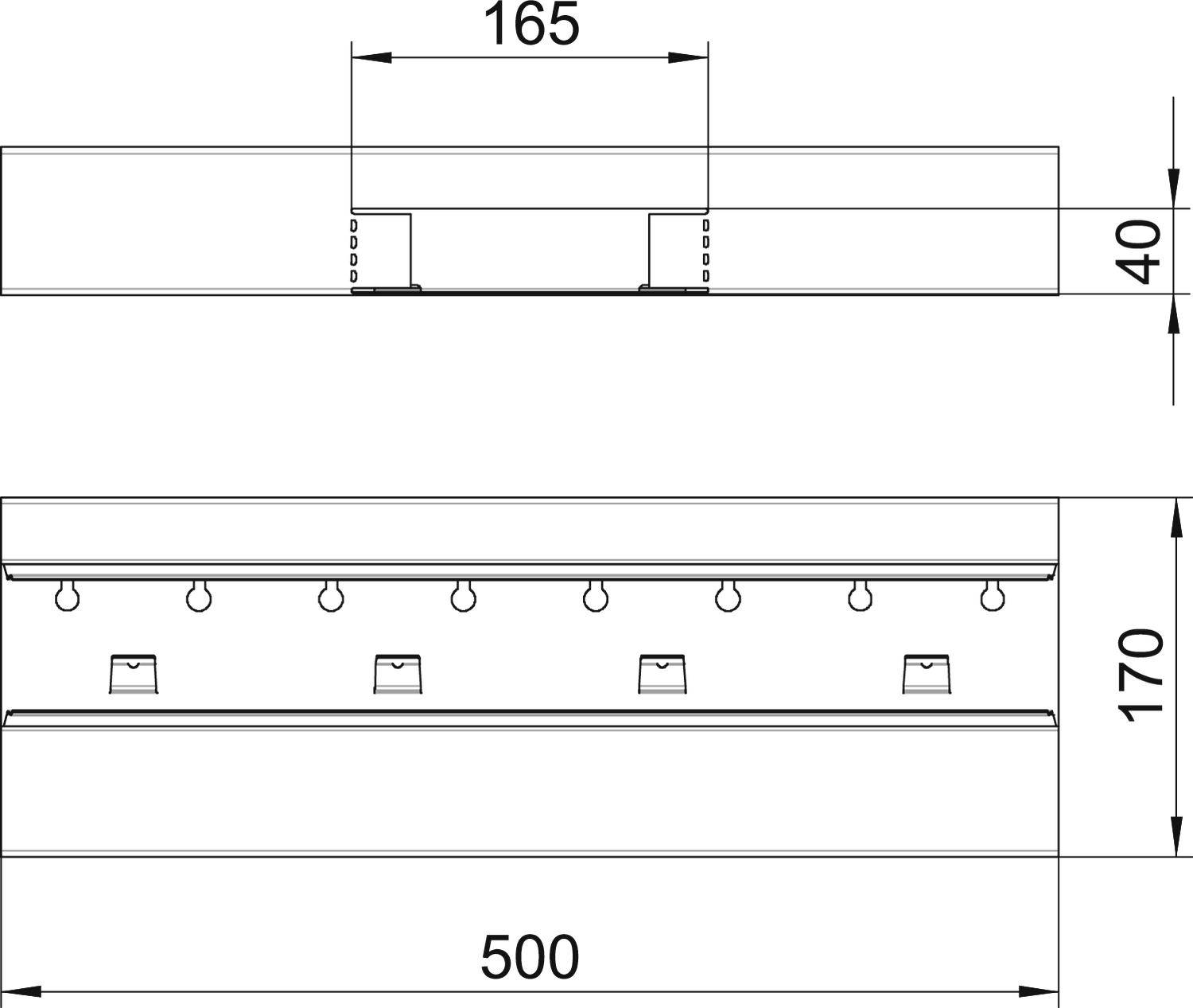Technische Zeichnung eines rechteckigen Elements mit Maßen: Breite 500 mm, Höhe 170 mm, Tiefe 40 mm, Ausschnitt 165 mm.