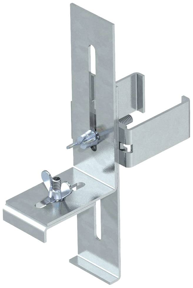 Ein höhenverstellbarer Befestigungswinkel aus Metall mit Schrauben und Klemmen. Genutzt zur Sicherung von Bauelementen an Wänden.
