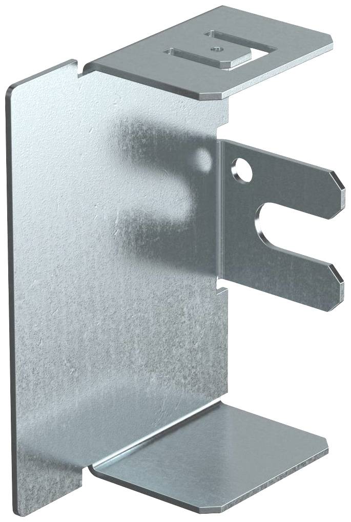 Metallwinkelhalterung mit Loch und hakenförmigem Ende, zur Befestigung oder Montage an flachen Oberflächen konzipiert.