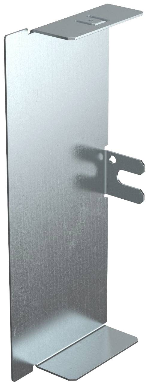 Metallwinkelhalterung mit seitlichem Steckanschluss. Verwendet zur stabilen Befestigung von Bauteilen an flachen Oberflächen.