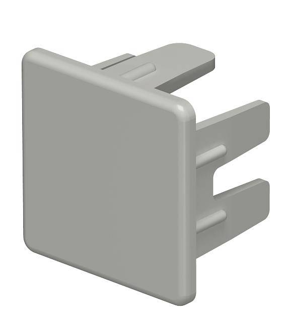 Ein grauer, quadratischer Kunststoffstopfen mit zwei Befestigungsstegen, geeignet zum Verschließen von Öffnungen in Möbeln oder Geräten.