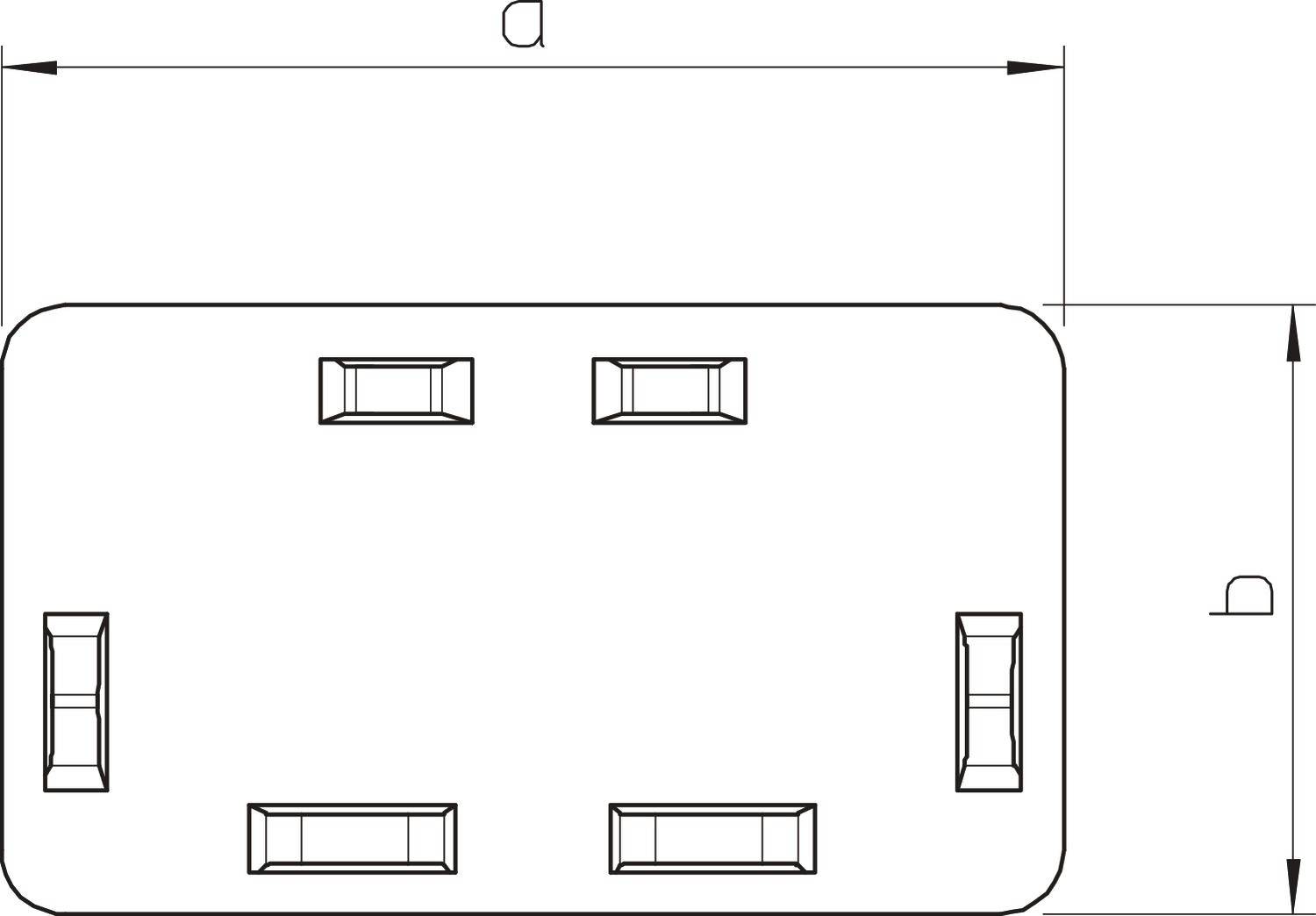 Technische Zeichnung eines rechteckigen Bauteils mit vier rechteckigen Aussparungen. Zwei Pfeile zeigen die Maße 'a' und 'b'.
