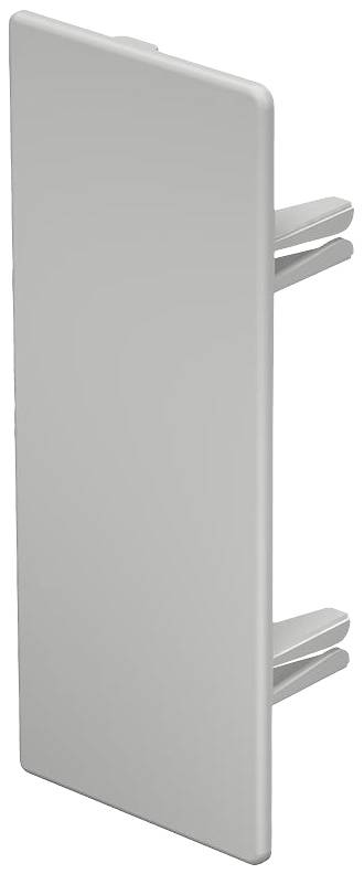 Weiße Kunststoffabdeckung mit zwei Befestigungselementen, seitlich dargestellt.