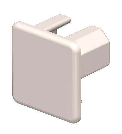 Ein quadratisches, weißes Kunststoffteil mit einer flachen Vorderseite und zwei hinten herausragenden Stiften, möglicherweise ein Möbelverbinder.