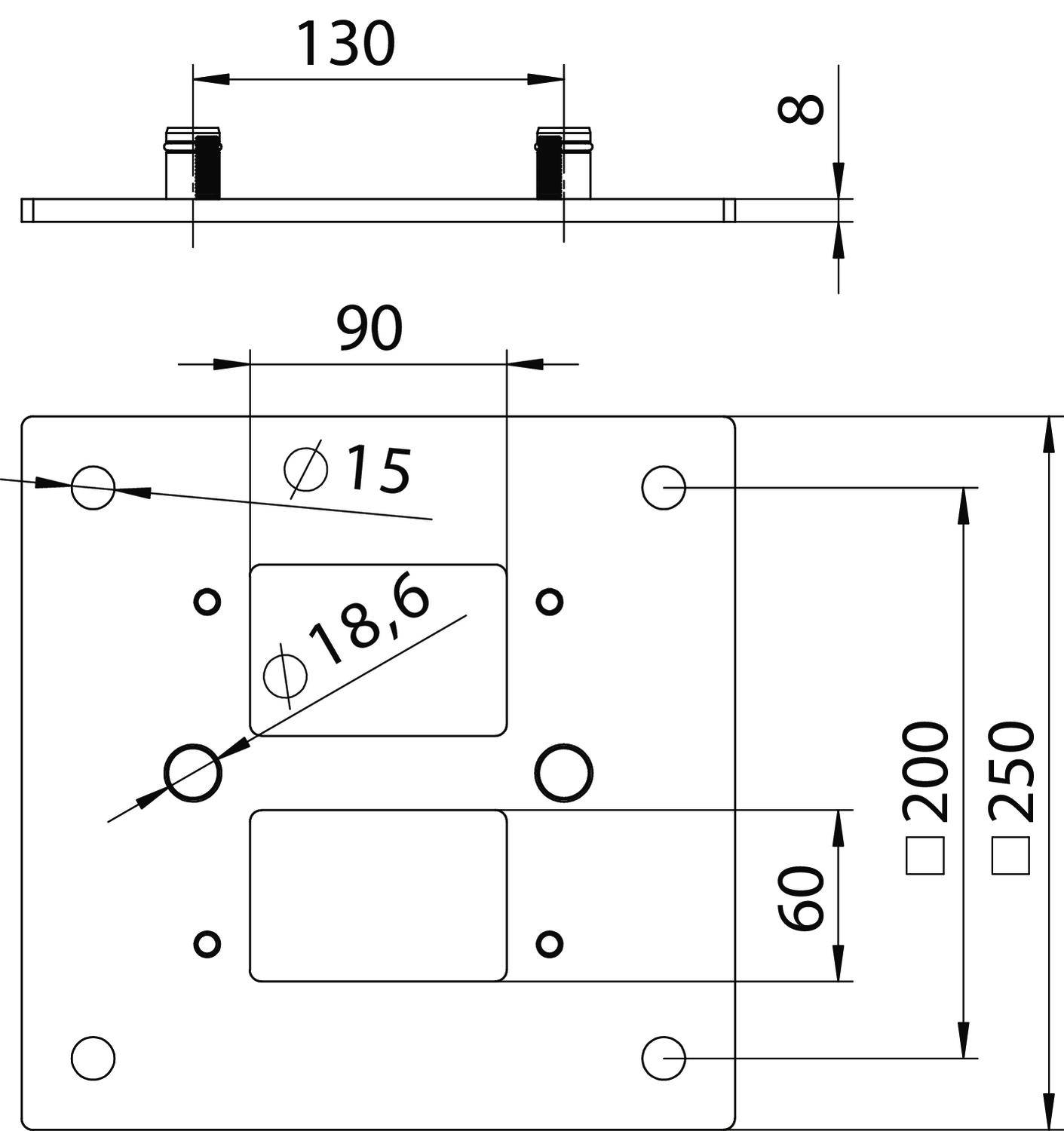 Technische Zeichnung einer Metallplatte mit verschiedenen Bohrlöchern und Maßen. Oben Ansicht von der Seite, unten Draufsicht. Maße: 130x90 mm, Löcher Ø15mm und Ø18,6mm.