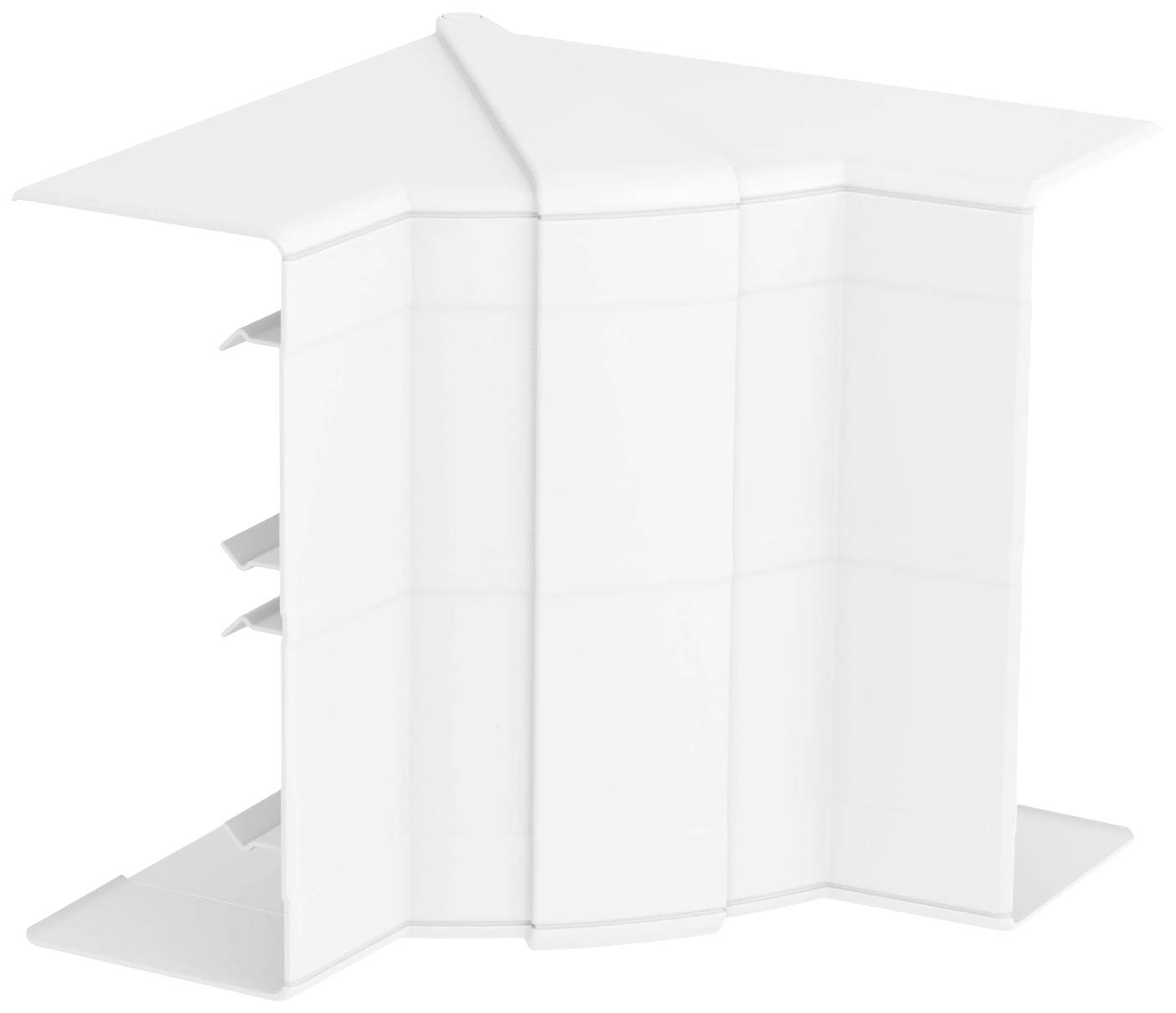 Weißer Kunststoff-Eckverbinder für Kabelkanäle mit drei seitlichen Öffnungen und abgewinkeltem Design für Eckenmontage.
