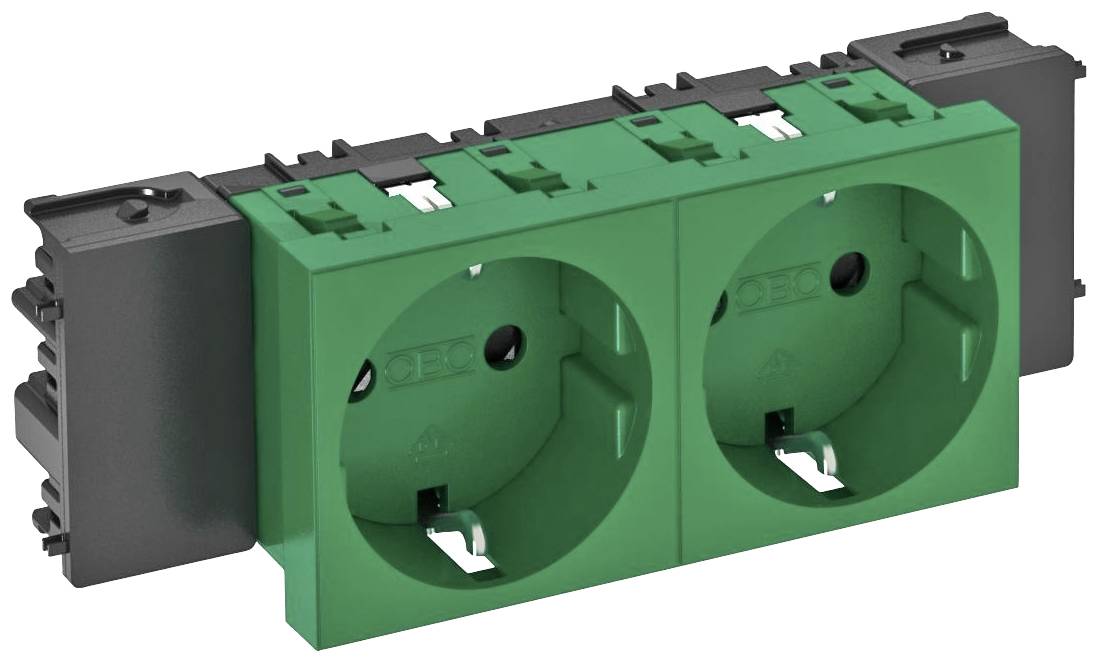 Doppelte grüne Steckdose in einem schwarzen Rahmen, geeignet für die elektrische Installation in Gebäuden.