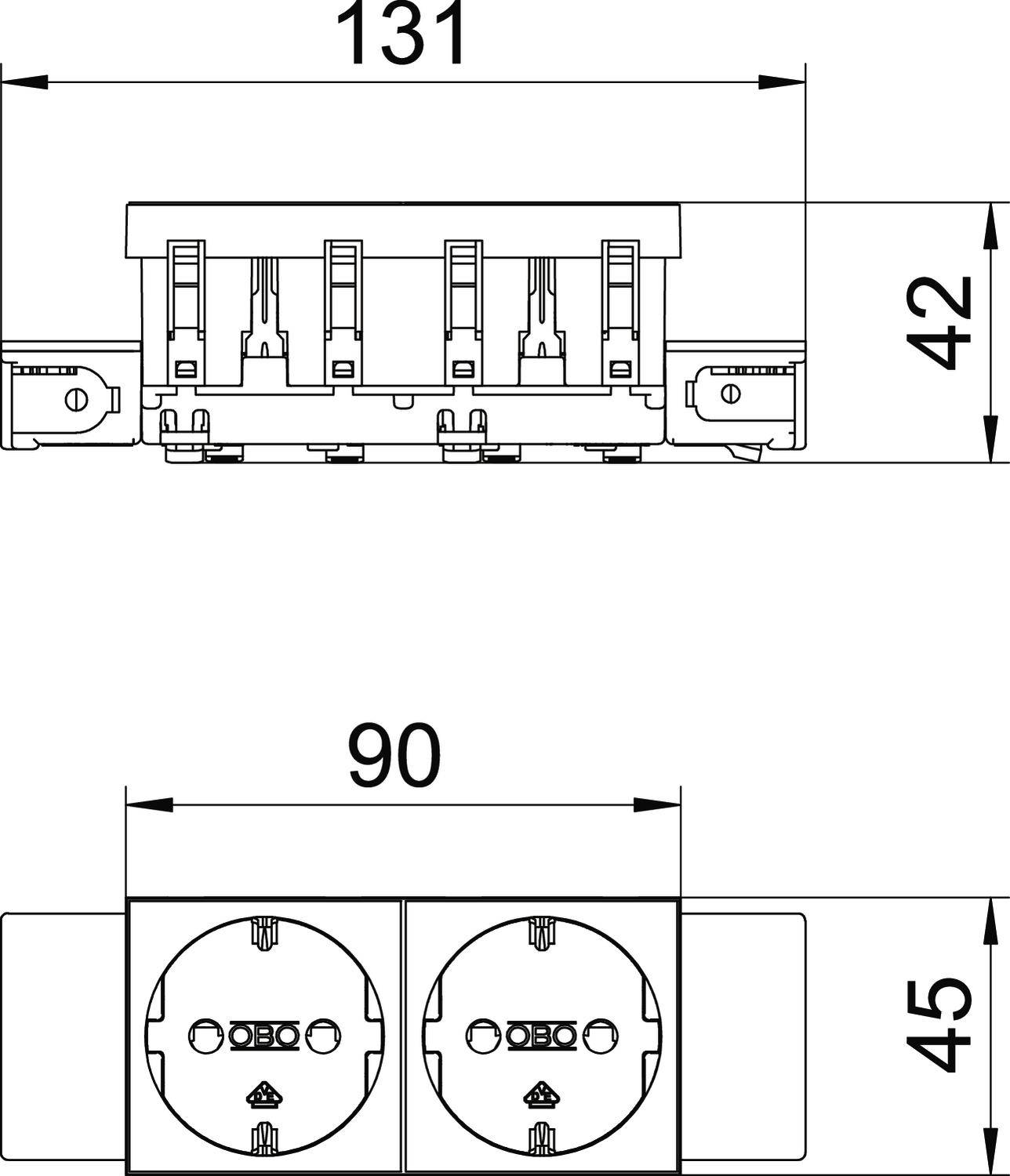Technische Zeichnung eines zweier Steckdosenblocks mit Maßen: Breite 131 mm, Höhe 42 mm und Tiefe 45 mm; Einbaulänge 90 mm.