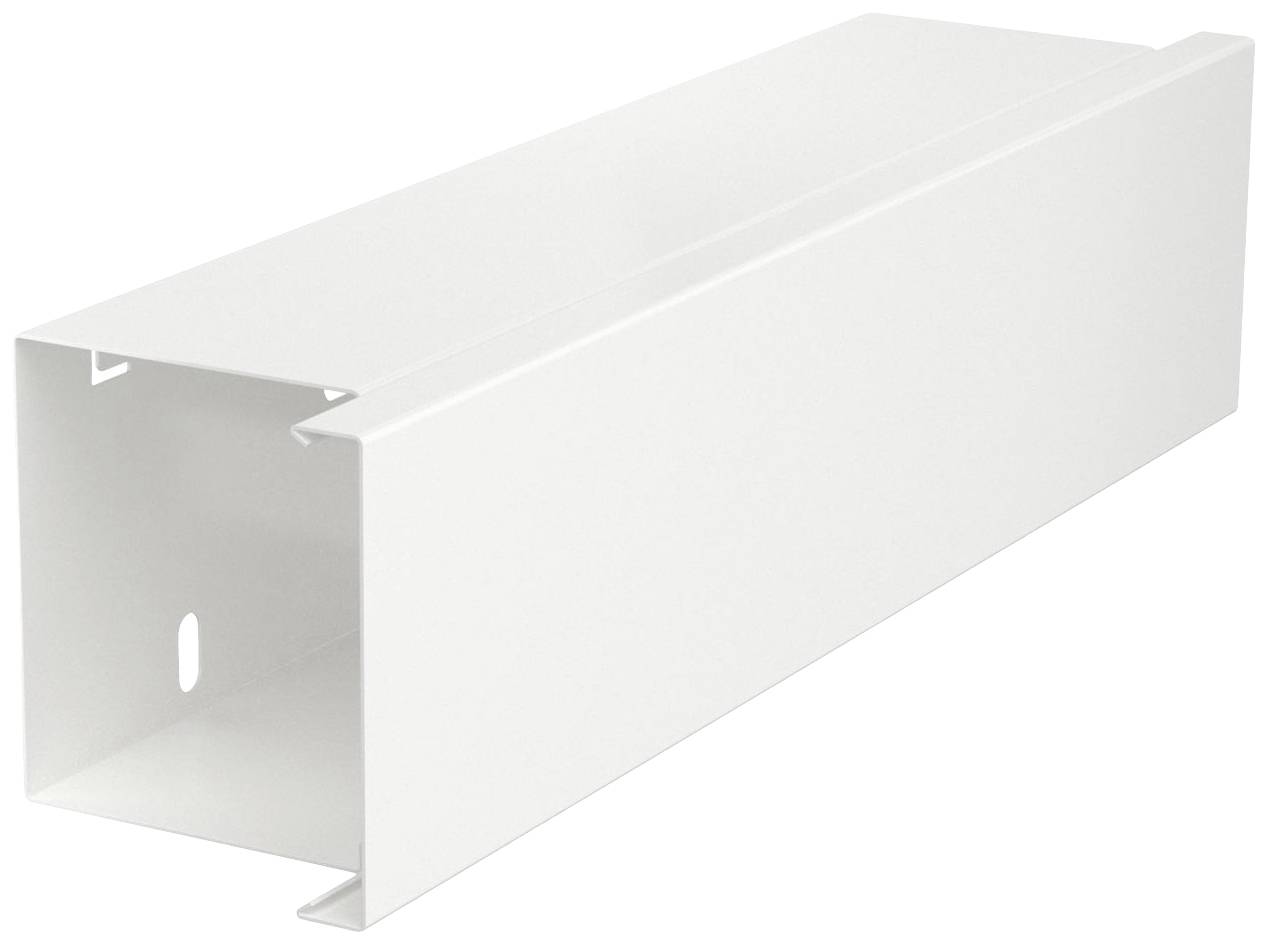 Rechteckiger weißer Luftkanal aus Metall, offen an einem Ende. Verwendet für HVAC-Systeme zur Klimatisierung. Klarer, funktionaler Entwurf.