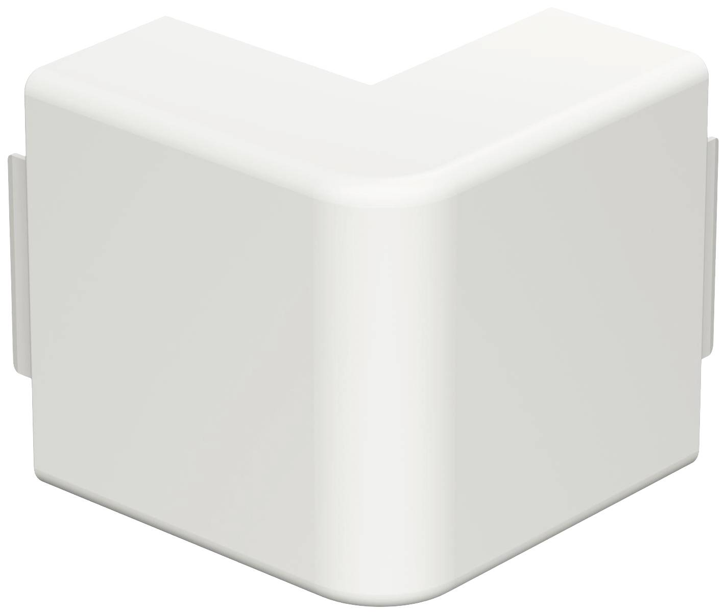 Weiße Kunststoff-Eckverbindung für Kabelkanäle, L-förmig, zur Verbindung zweier Kanäle an einer Ecke.