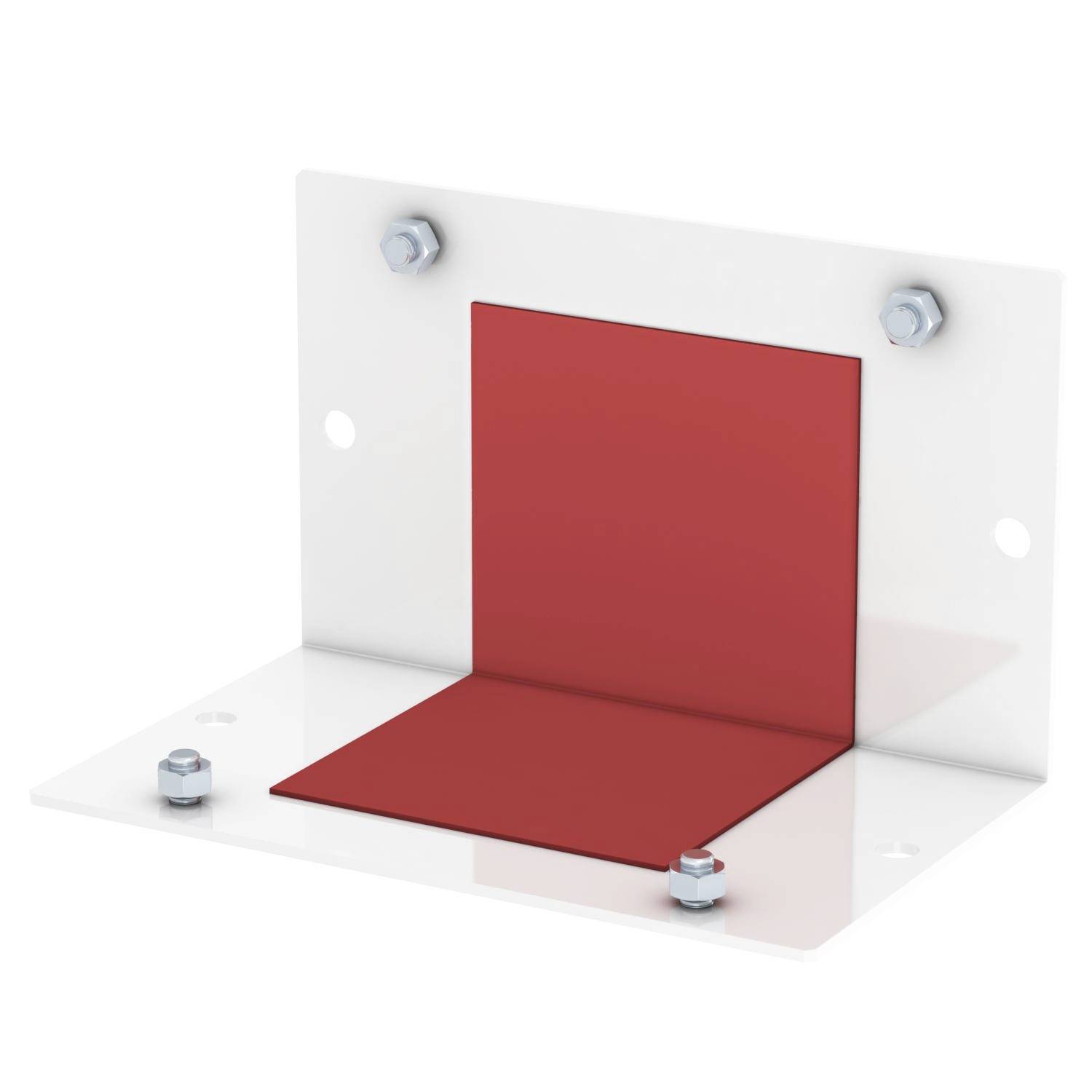 Metallhalterung mit roter, rechtwinkliger Platte und vier Schrauben, geeignet zur Befestigung an Wänden oder strukturellen Oberflächen.