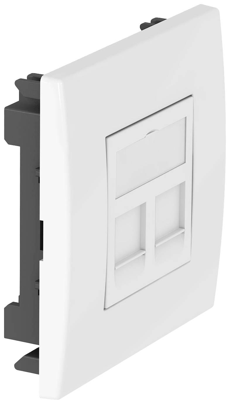Weißer Netzwerkstecker, geeignet zur Wandmontage, mit zwei Ethernet-Ports, seitliche Ansicht. Geeignet für Büro- oder Heimnetzwerke.