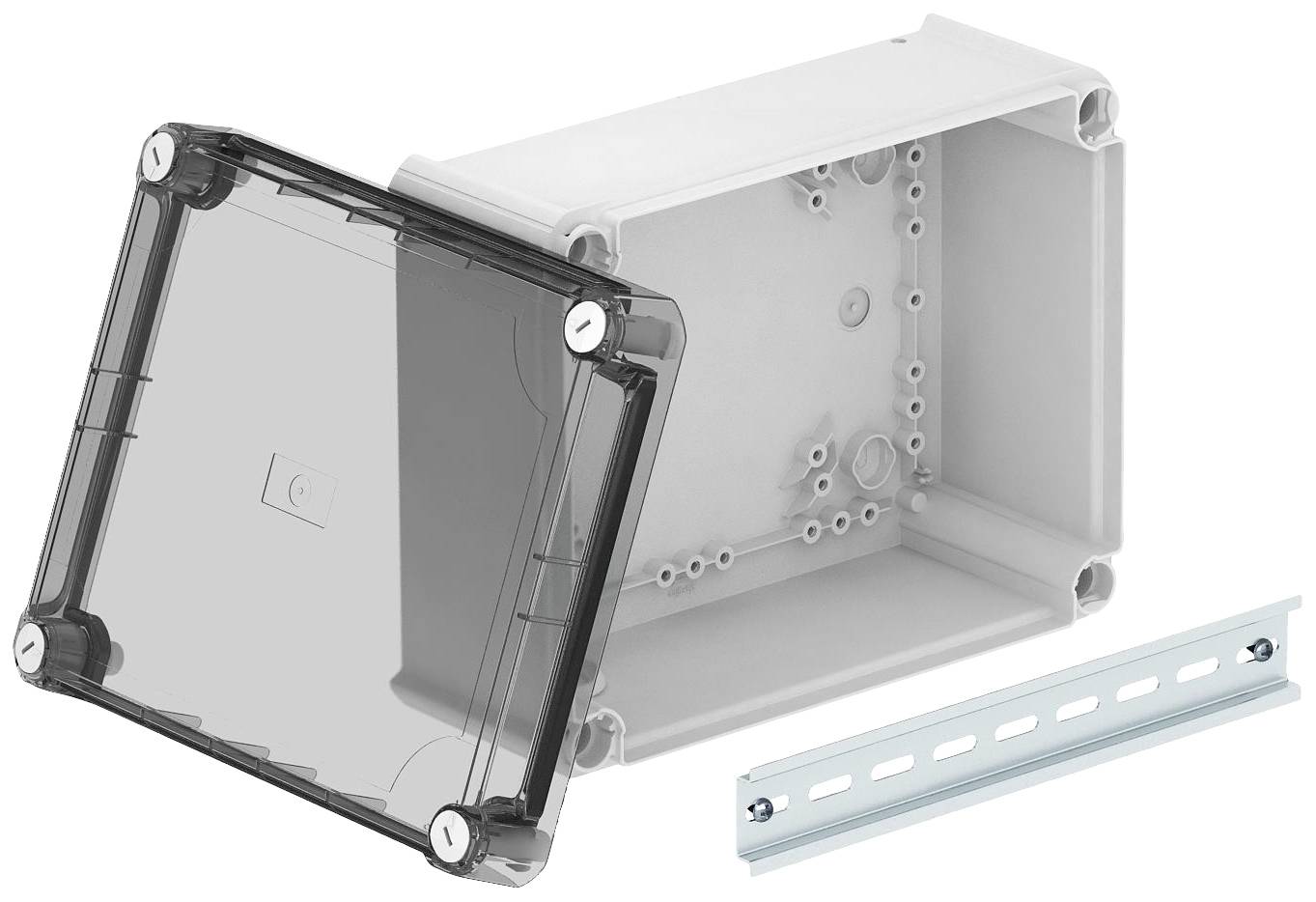 Gehäuse aus Kunststoff mit abnehmbarem, transparentem Deckel und separater Metall-Schiene. Eignet sich für elektronische Installationen.