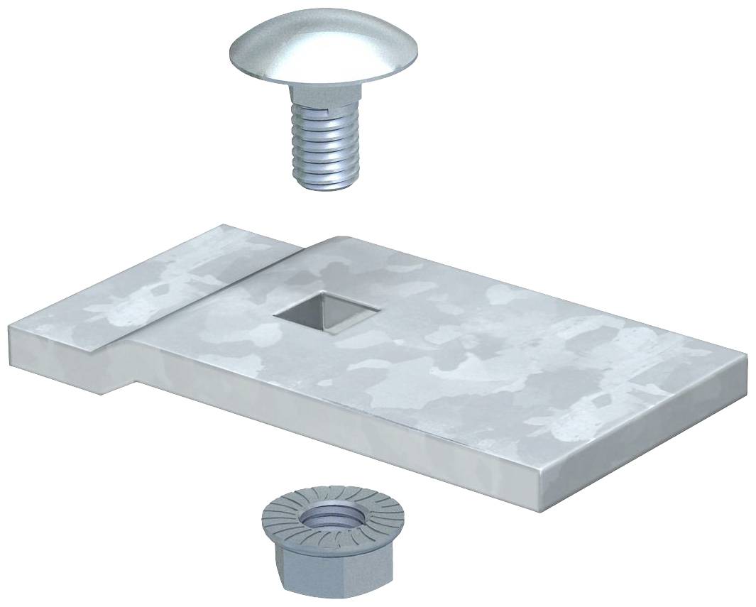 Metallplatte mit quadratischem Loch, darüber schwebt eine Schraube. Unten rechts liegt eine Mutter. Schlichtes Design.