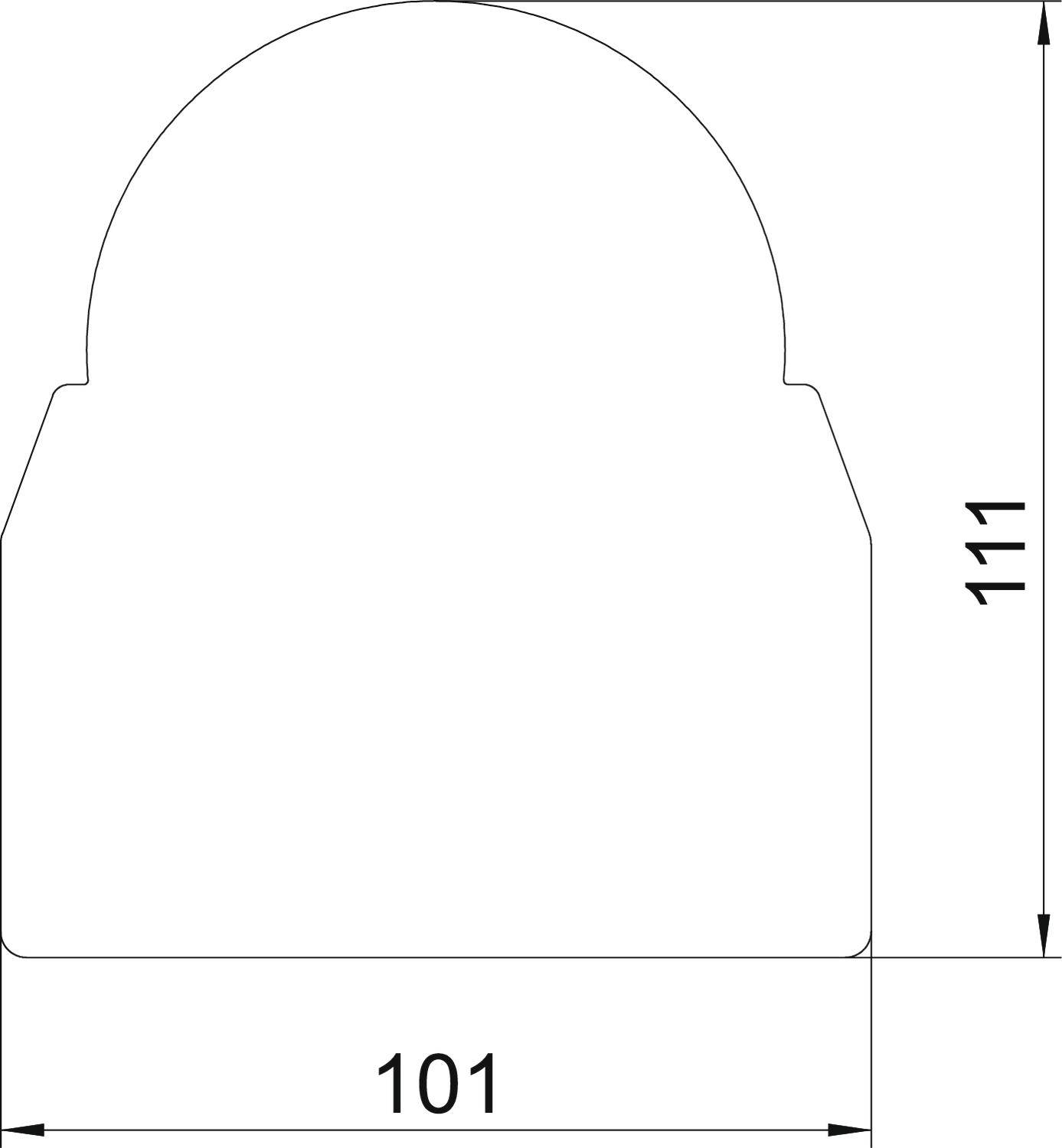 Zeichnung eines schematischen Umrisses mit abgerundeter Kuppel, Breite 101 mm und Höhe 111 mm, wichtige Maße angegeben.