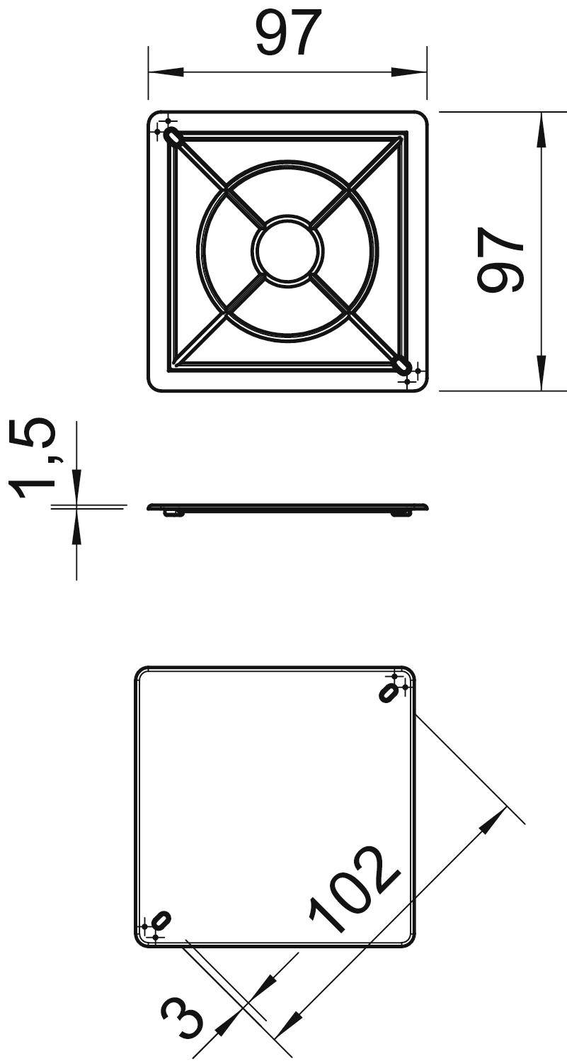 Technische Zeichnung eines quadratischen Bauteils mit den Maßen 97x97 mm, Höhe 1,5 mm und Befestigungslochdiagonale 102 mm.