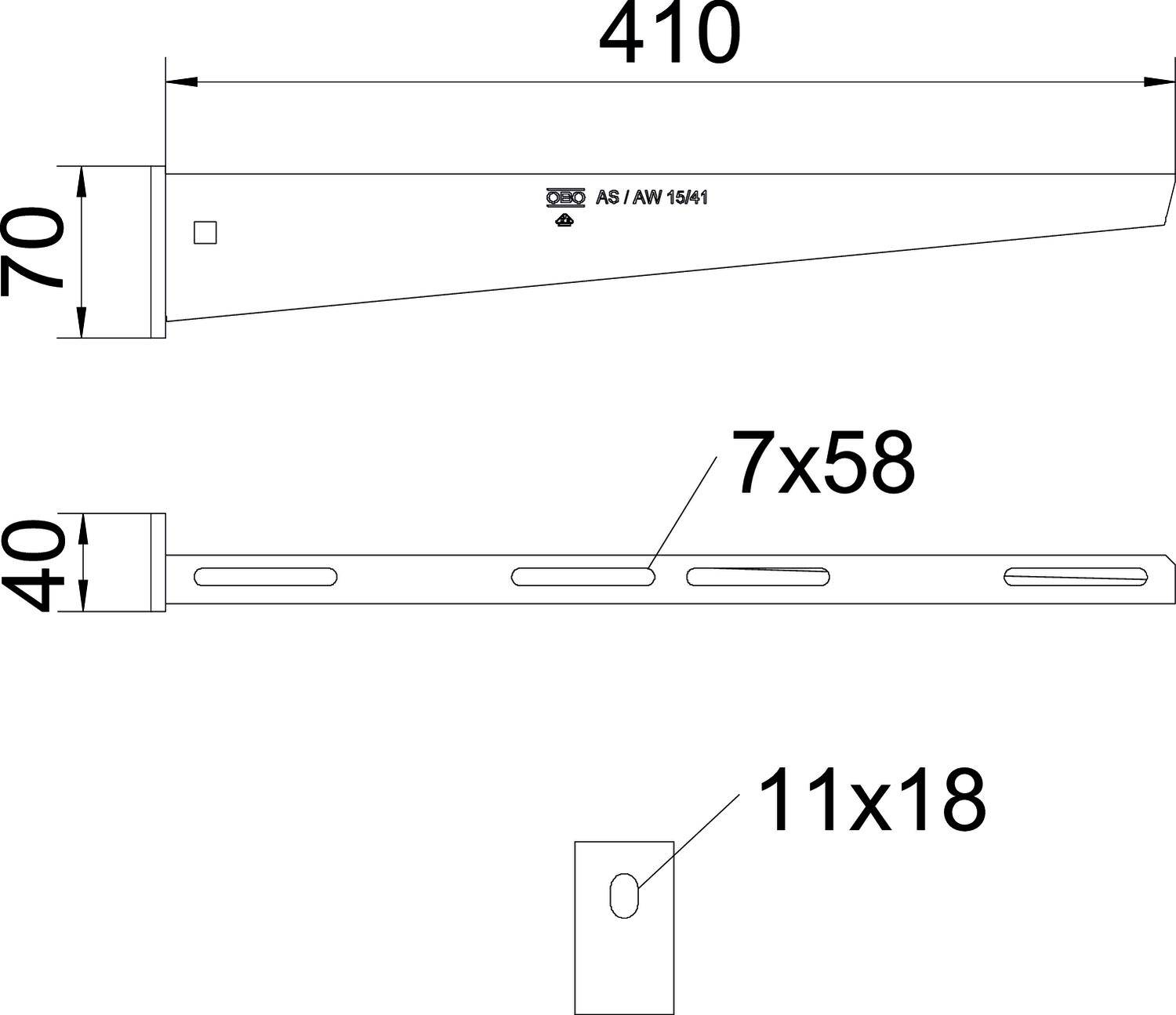 Technische Zeichnung einer Metallkonsole mit Maßen: 410 mm Länge, 70 mm Höhe, 40 mm Tiefe. Löcher: 7x58 mm und 11x18 mm.