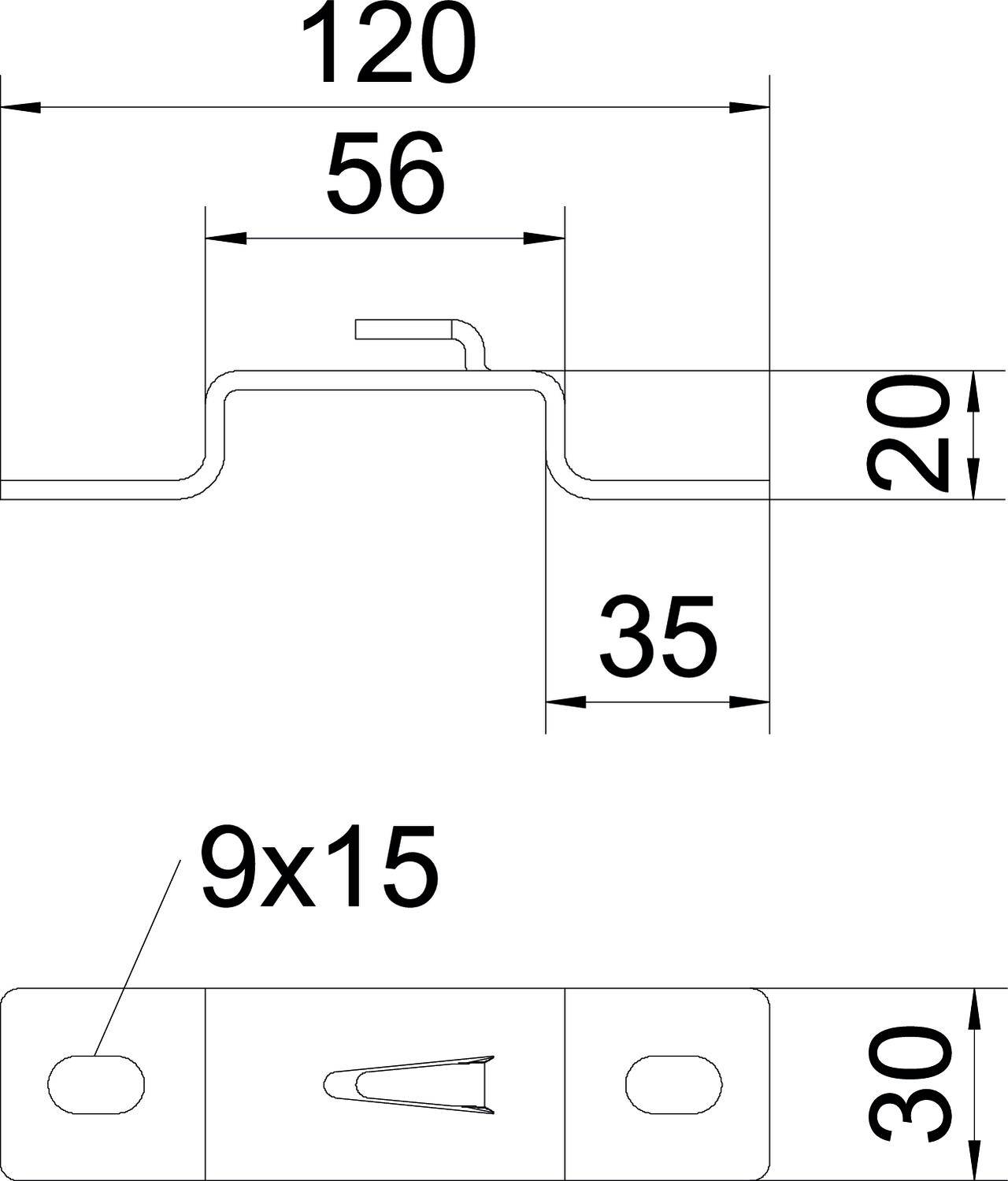 Technische Zeichnung eines Metallprofils mit Maßen: Gesamtlänge 120 mm, Höhe 20 mm, Breite 56 mm, Bohrungen 9x15 mm.