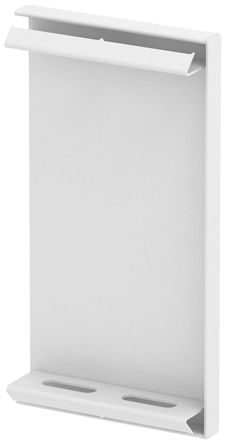 Ein weißer Smartphone-Halter mit zwei Schlitzen zur Kabelorganisation oben und unten, geeignet für eine Wandmontage.