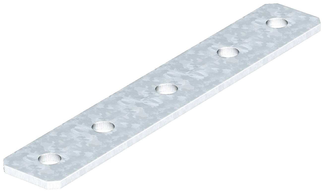 Metallene Lochplatte mit fünf gleichmäßig verteilten Löchern entlang der Mitte.