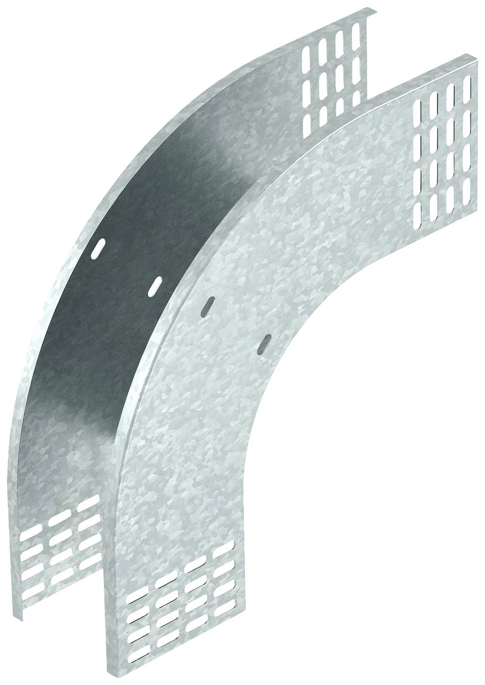 Metallischer Kabelkanal-Bogen in grauer Farbe, zeigt eine gebogene Konstruktion mit gelochtem Design an den Enden für Kabeldurchführungen.