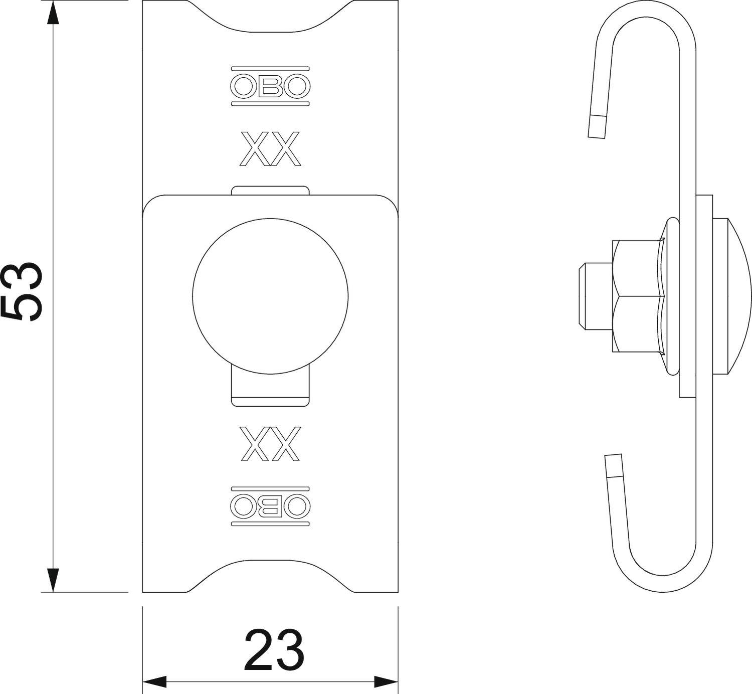 Technische Zeichnung einer Klemme mit Bemaßungen: Höhe 53 mm, Breite 23 mm, seitliche Ansicht zeigt Schrauben- und Hakenstruktur.