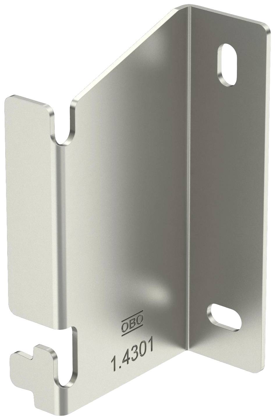 Metallwinkel mit zwei Löchern, gekennzeichnet mit '1.4301' und 'OBO'. Geeignet für Montagezwecke, robustes Design.