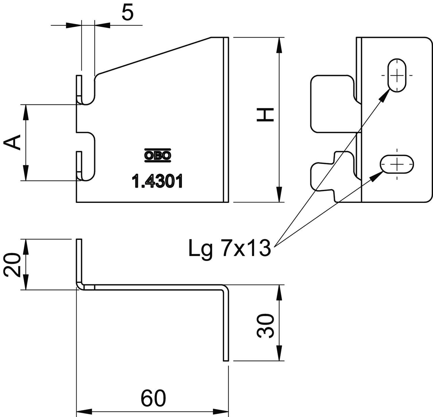 Technische Zeichnung eines Metallwinkels mit Bemaßungen: 5, A, H, 20, 30, 60 und 'Lg 7x13'. Kennzeichnung: '1.4301'.