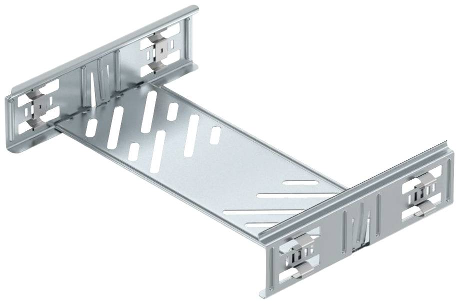 Metallische Halterung mit Schlitzen und Löchern, geeignet zur Befestigung von Geräten oder Komponenten, robust und funktional.