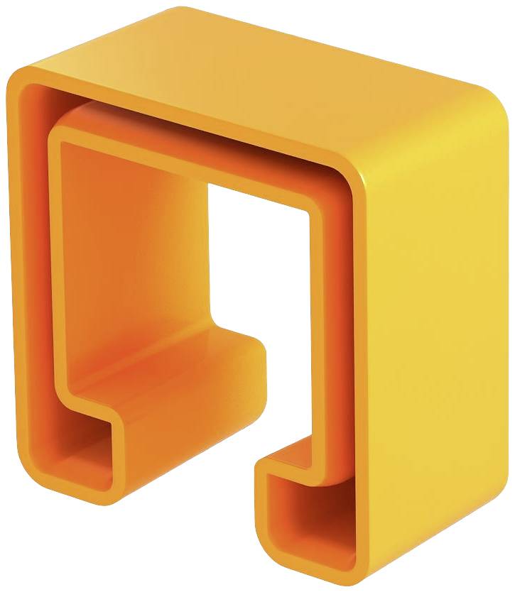 Ein orangefarbenes, plastisch geformtes Objekt in U-Form mit abgerundeten Kanten.