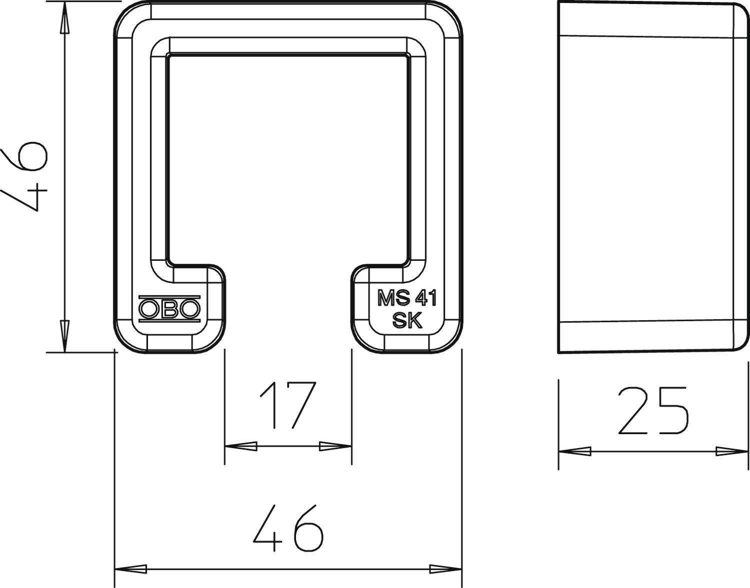 Technische Zeichnung eines U-förmigen Profils mit den Maßen 46x46mm, Innentiefe 17mm, Breite 25mm. Beschriftet mit 'MS 41 SK'.