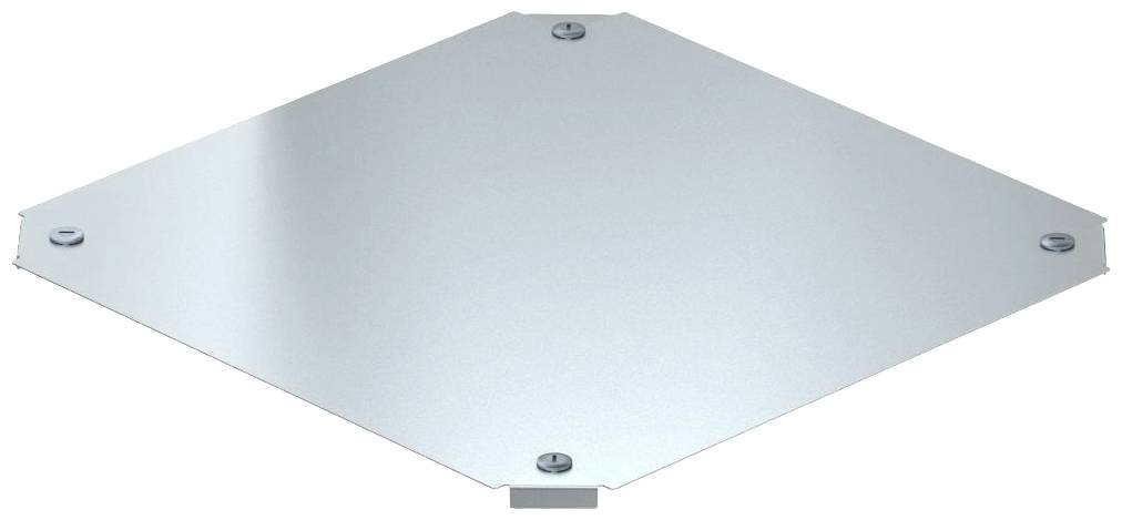 Metallplatte in Rautenform mit vier Schrauben in den Ecken, glänzende Oberfläche.