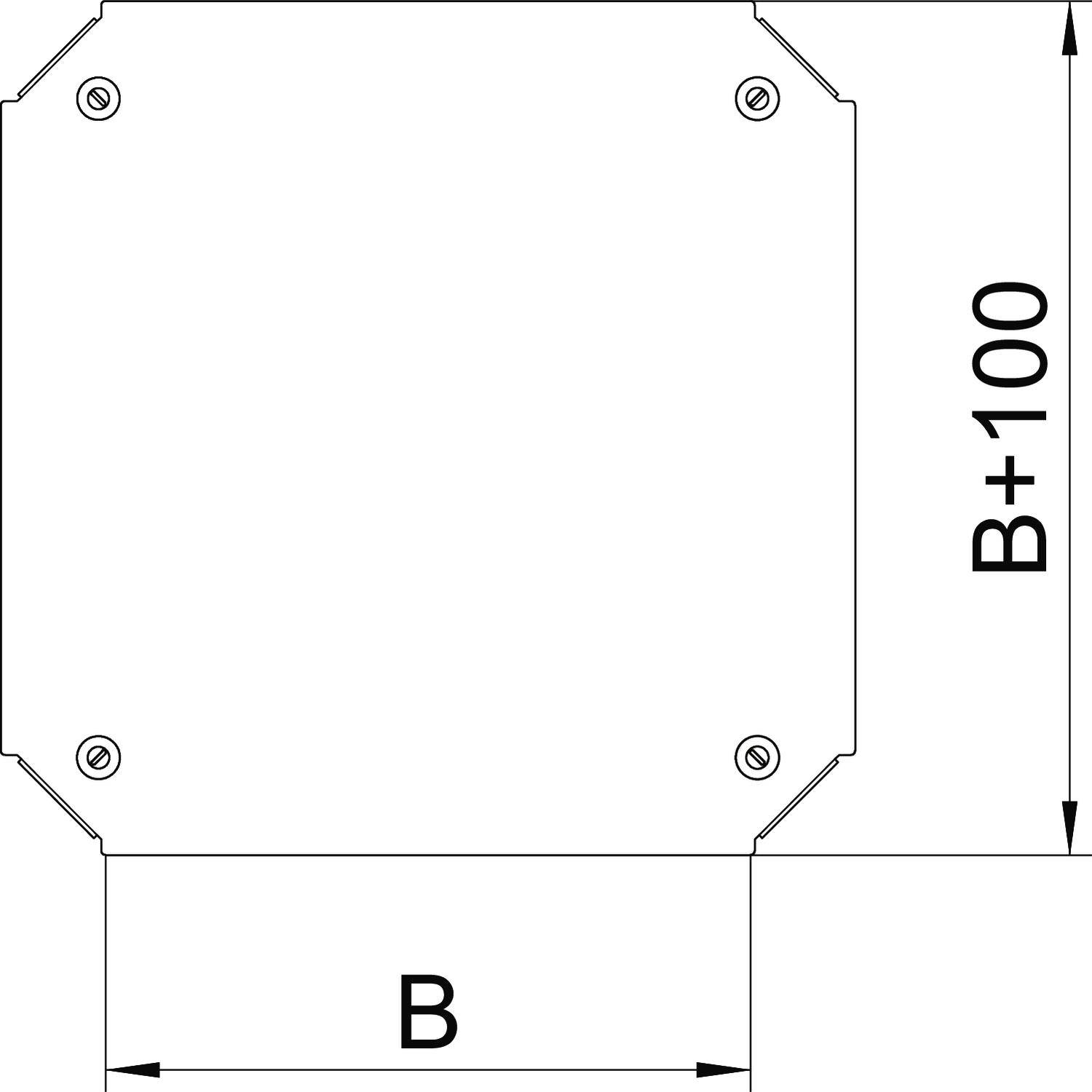 Technische Zeichnung eines rechteckigen Objekts mit den Maßen 'B' und 'B+100'. Schrauben in allen Ecken.
