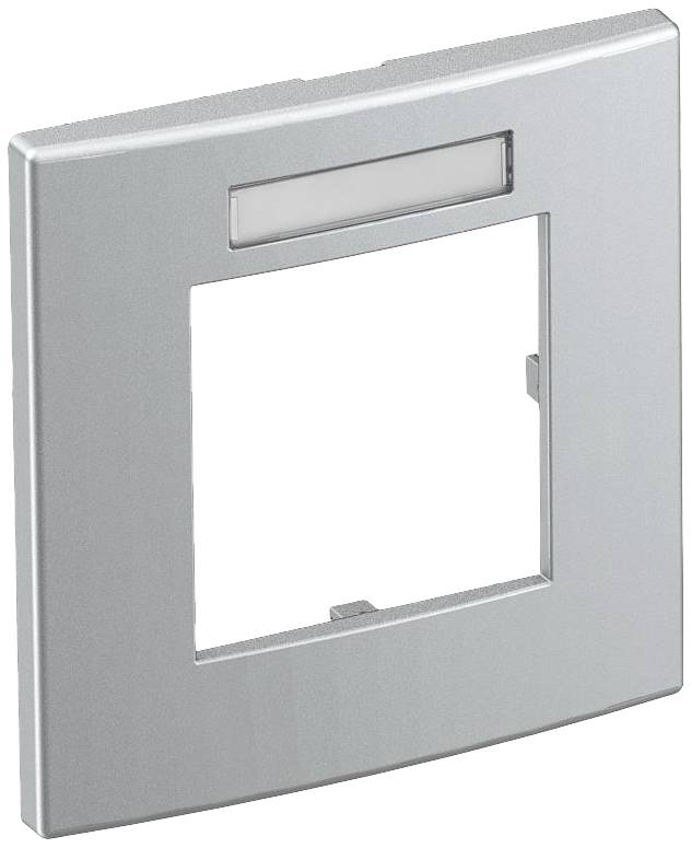 Grauer quadratischer Lichtschalterrahmen, oben mit rechteckigem Fenster, zur Wandmontage.